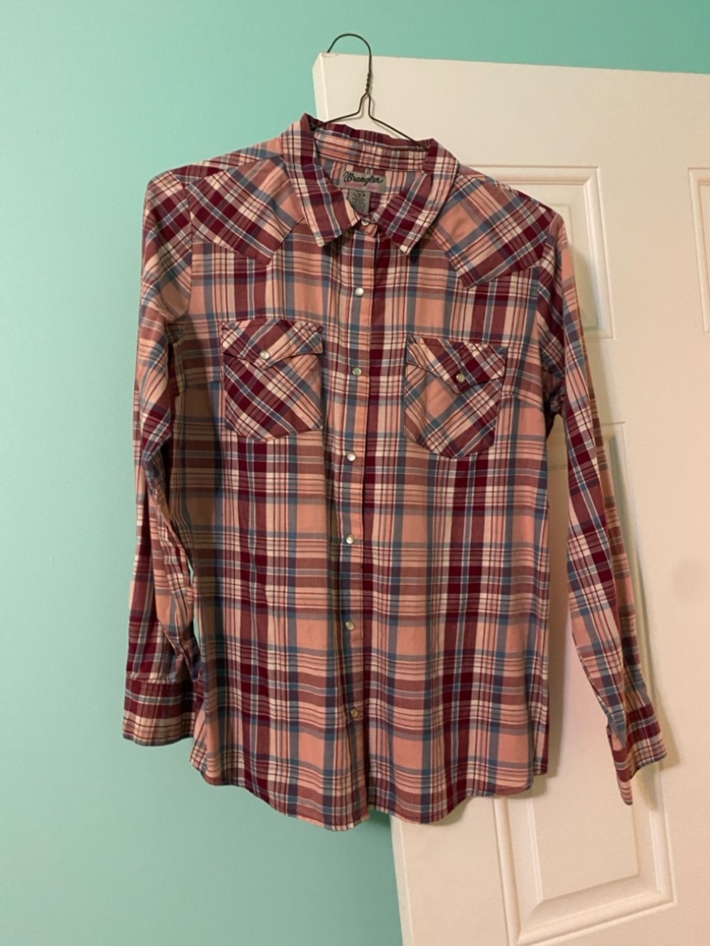 Wrangler Pink and Burgundy Plaid Western Button-Down Shirt